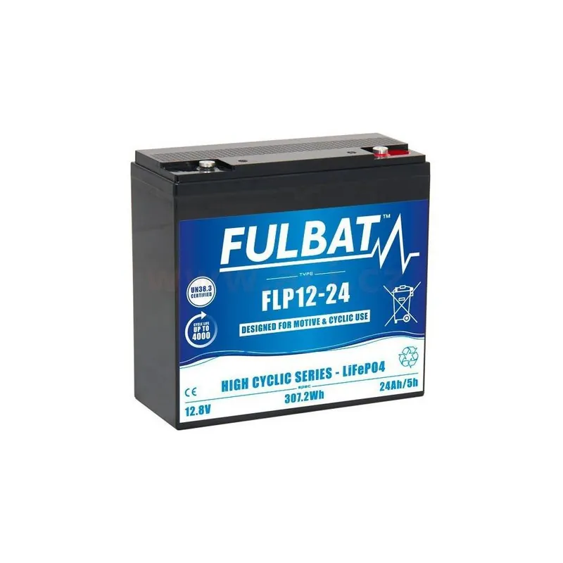 Lithiová baterie  LiFePO4  FLP12-24  FULBAT 12,8V, 24Ah, 307Wh, hmotnost 2,9 kg, 181x77x167 Přímo Od Výrobce