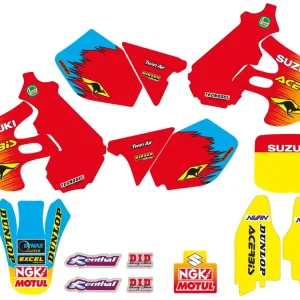 Limitovaná Edice TECNOSEL (BLACKBIRD) sada samolepek (dýhy) + potah sedla SUZUKI RM 125/250 99-00, REPLICA TEAM SUZUKI 99