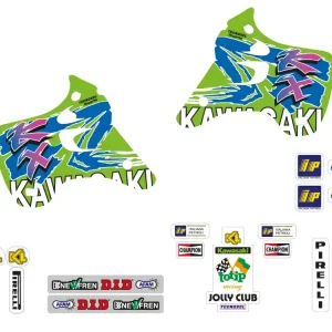 Omezená Nabídka TECNOSEL (BLACKBIRD) sada samolepek (dýhy) + potah sedla KAWASAKI KX 125/250 92-93, REPLICA TEAM KAWASAKI 93
