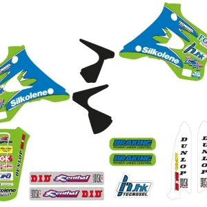 Cenový Hit TECNOSEL (BLACKBIRD) sada samolepek (dýhy) + potah sedla KAWASAKI KX 125/250 94-98, REPLICA TEAM KAWASAKI 96
