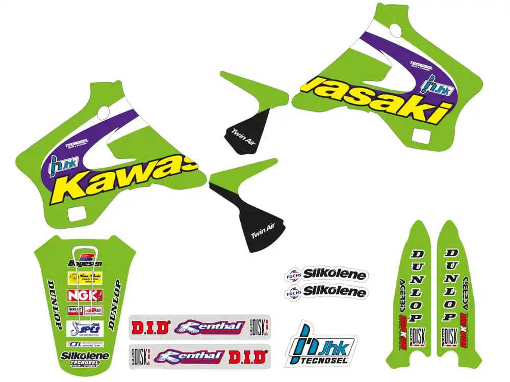 TECNOSEL (BLACKBIRD) sada samolepek (dýhy) + potah sedla KAWASAKI KX 125/250 94-98, REPLICA TEAM KAWASAKI 98 Exkluzivní