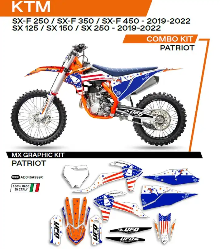 UFO sada samolepek (dýhy) KTM SX/SXF 125/150/250/350/450 19-22 PATRIOT barva (bílá/světle modrý) - Aktuální