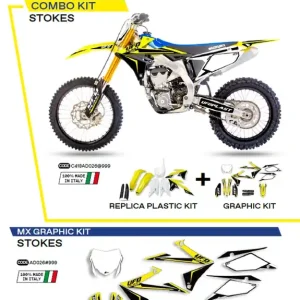 Ověřený UFO kompletní sada plastů SUKIT418999 PLUS sada samolepek (dýhy) SUZUKI RMZ 250 19-22; RMZ 450 18-22 v sadě přední tabulka (SU04943) a kryty tlumičů (SU04913) STOKES barva (bílá/žlutá/černá) -
