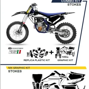 Originální UFO kompletní sada plastů HUKIT622001 PLUS sada samolepek (dýhy) HUSQVARNA TC 125/250 19-22; FC 250/350/450 19-22 v sadě přední tabulka (HU04303) a kryty tlumičů (HU03361) STOKES barva černá -