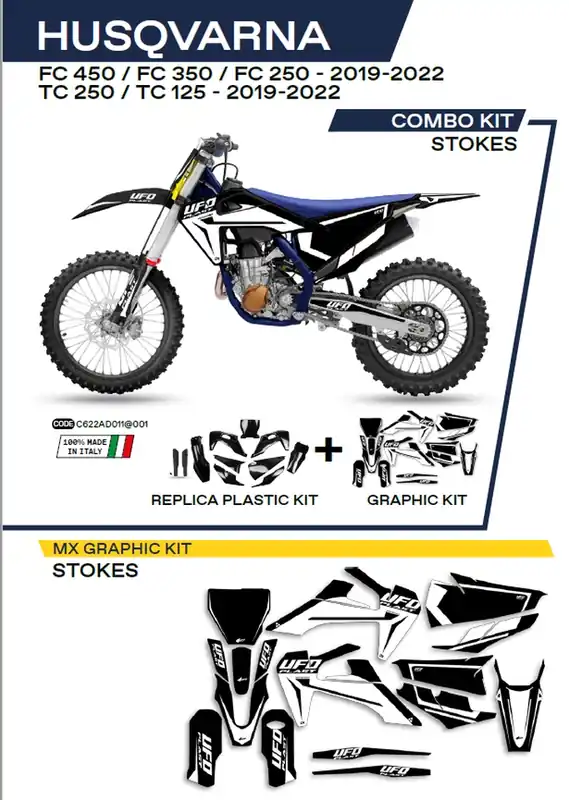 Originální UFO kompletní sada plastů HUKIT622001 PLUS sada samolepek (dýhy) HUSQVARNA TC 125/250 19-22; FC 250/350/450 19-22 v sadě přední tabulka (HU04303) a kryty tlumičů (HU03361) STOKES barva černá -