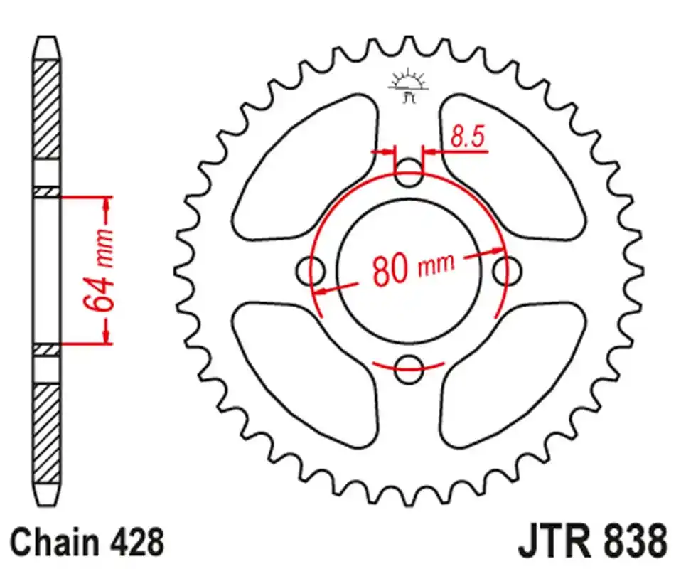 JT rozeta 838 42 KAWASAKI s 125, YAMAHA YBR 125 CUSTOM 08-15, JUNAK 125 (83842JT) (řetěz 428) Omezená Nabídka