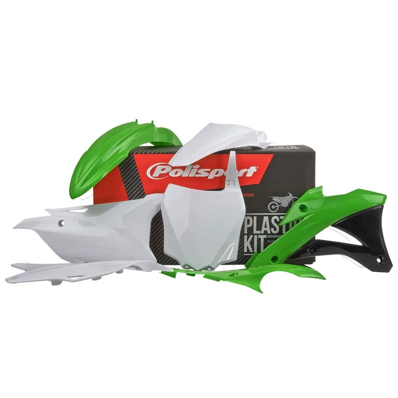 POLISPORT kompletní sada plastů KAWASAKI KX 85 14-21; KX 100 14-21; KX 112 14-21 v sadě tabulka přední (8662900002) barva zeleno bílá OEM Finální Výprodej