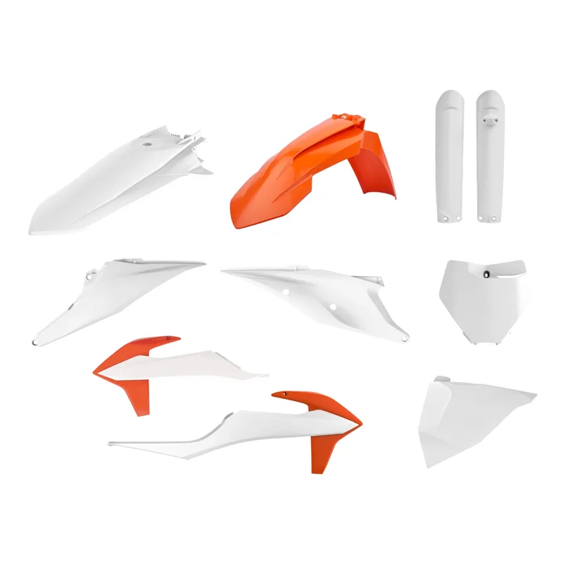 Ověřený POLISPORT kompletní sada plastů (FULL KIT) KTM SX/SX-F 19-22 v sadě tabulka přední (8666400008) a kryty tlumičů (8398600012) barva oranžová bílá OEM