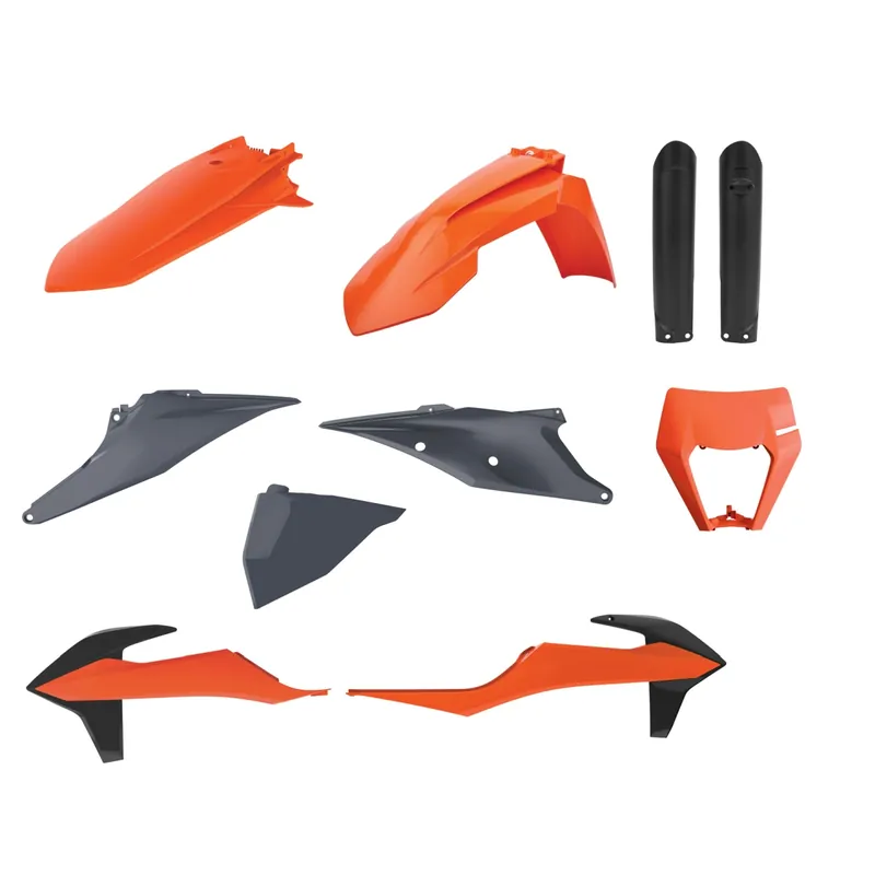 Zlevněný POLISPORT kompletní sada plastů (FULL KIT) KTM EXC/EXC-F TPI 20-23 v sadě kryt světla (8668600002) a kryty tlumičů (8398600003) barva oranžová šedý