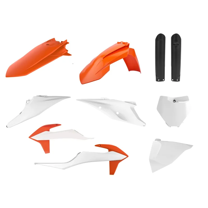 Prémiový POLISPORT kompletní sada plastů (FULL KIT) KTM SX/SX-F 19-22 v sadě tabulka přední (8666400008) a kryty tlumičů (8398600003) barva oranžová bílá